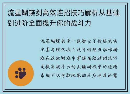 流星蝴蝶剑高效连招技巧解析从基础到进阶全面提升你的战斗力